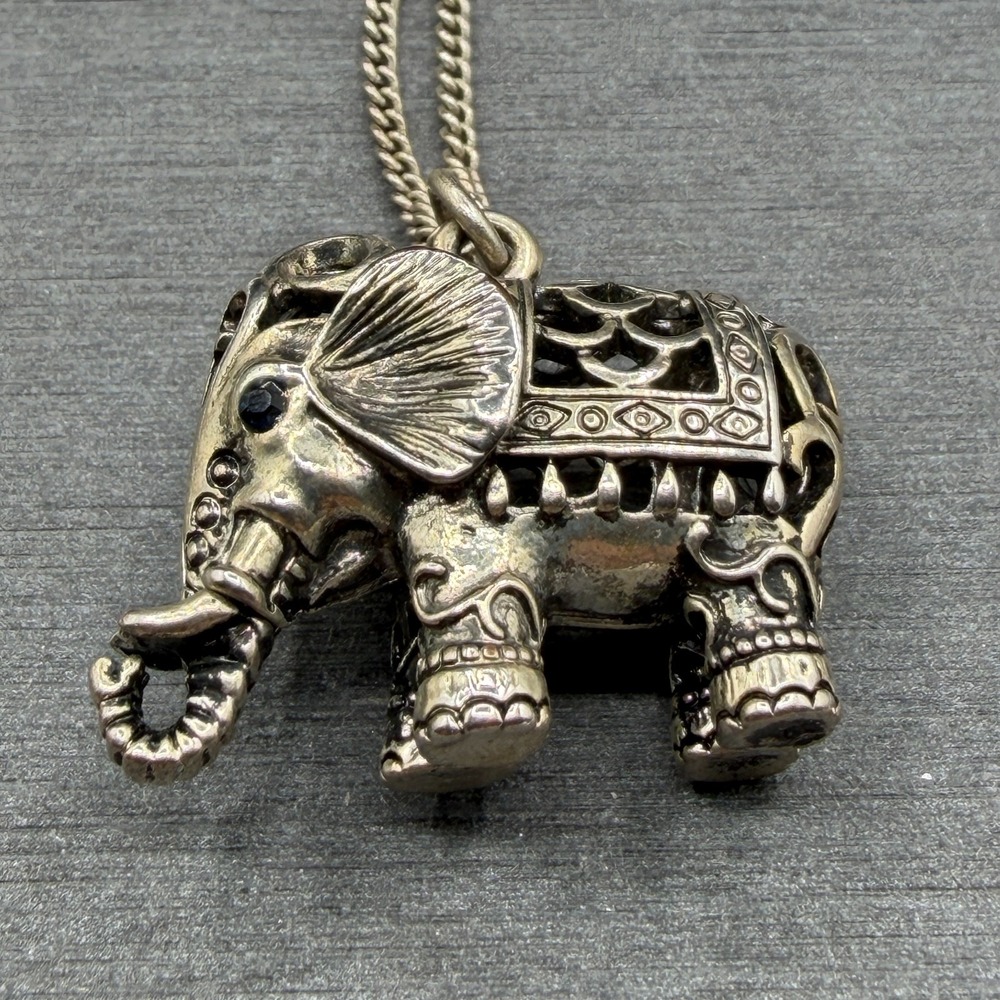 Silver Tone Elephant Pendant Necklace Ornate Boho Statement Lucky Charm Jewelry